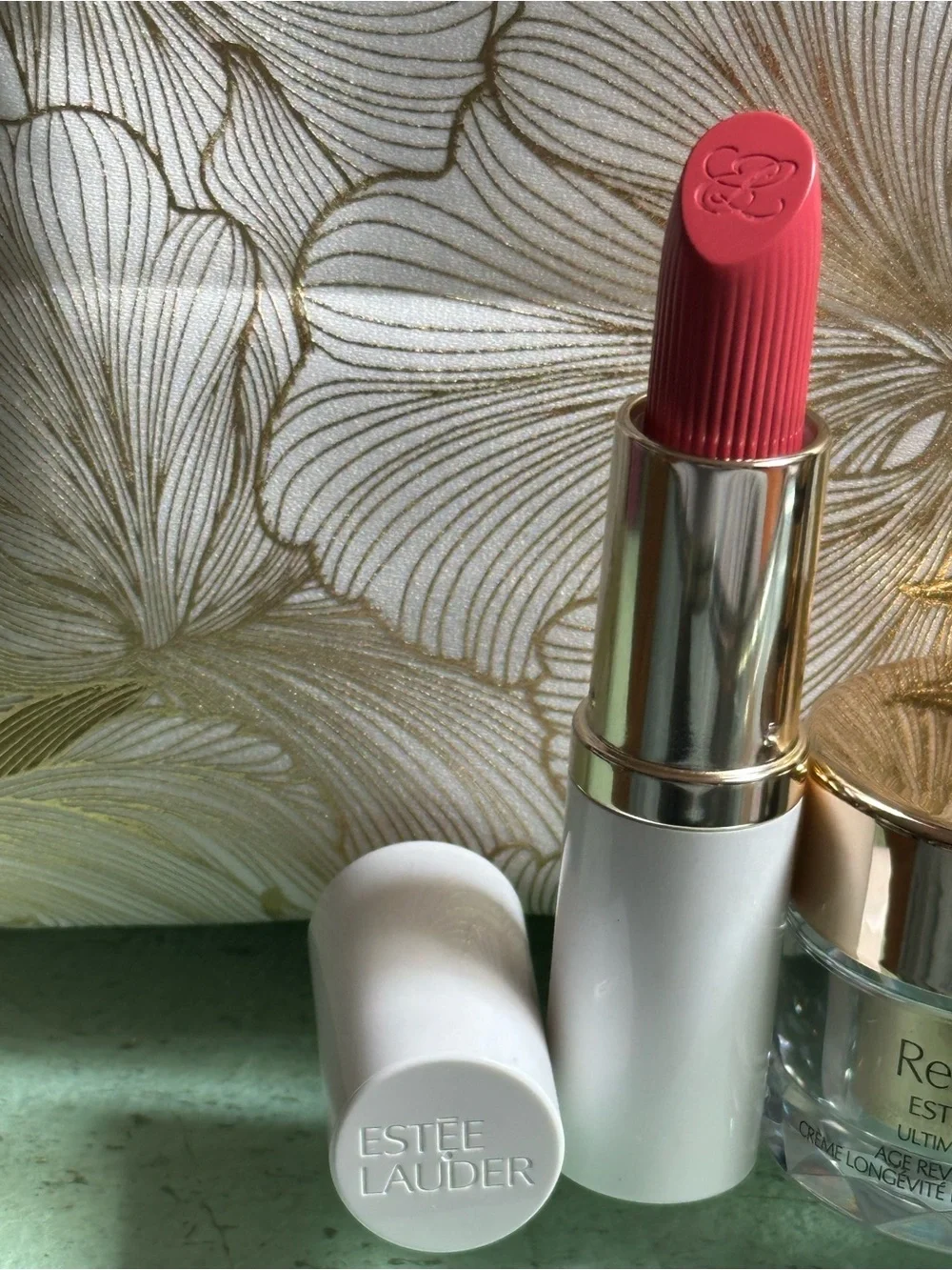 Estee Lauder Pink Lipstick & Skincare Set with Floral Cosmetic Bag